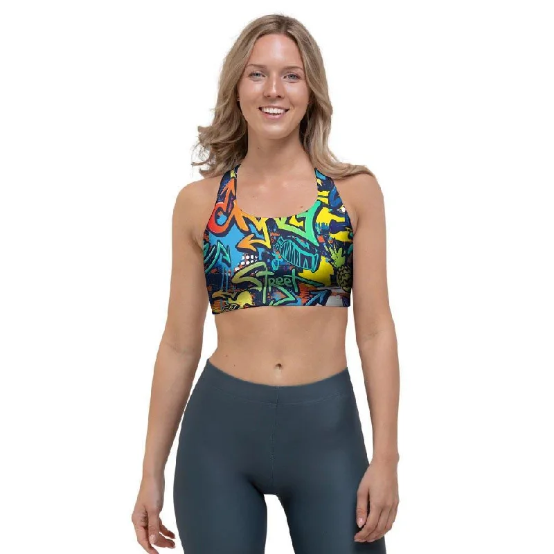 Graffiti Backdrop Print Sports Bra High Support Bra
