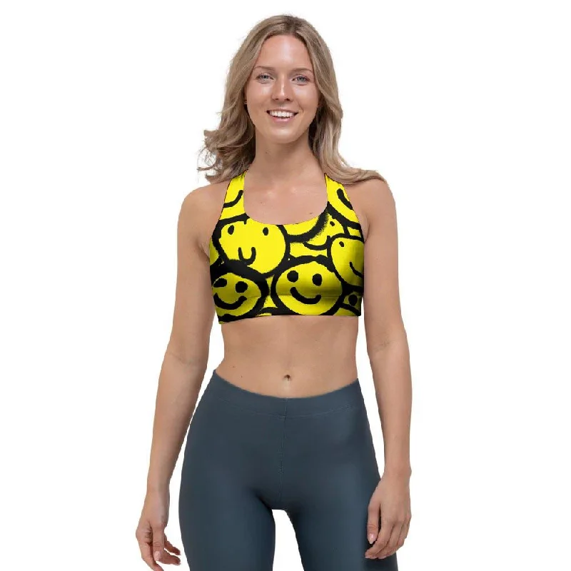 Graffiti Happy Emoji Print Sports Bra Lacy Underwire Bra