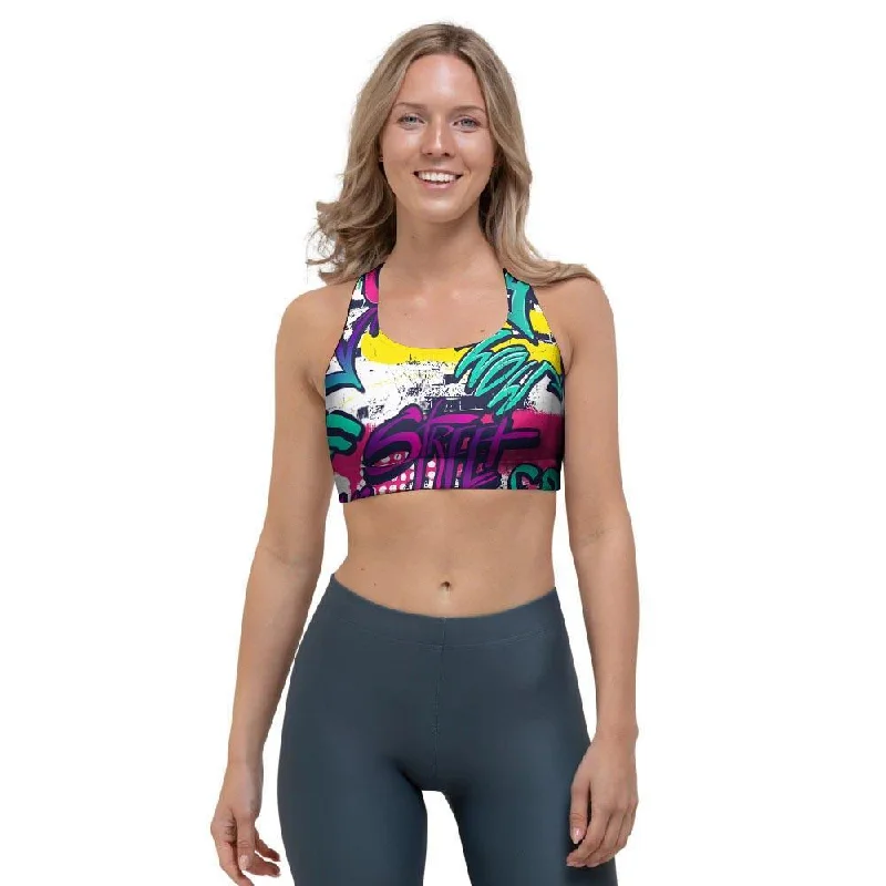 Graffiti Hiphop Print Sports Bra Comfortable Fit Bralette