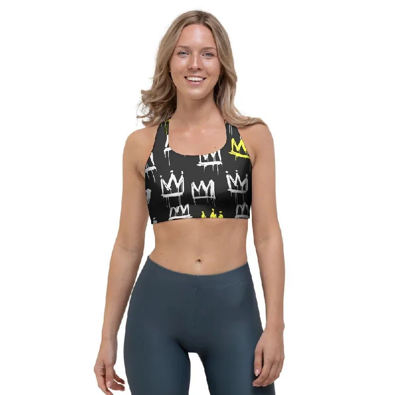 Graffiti Hiphop White And Yellow Crown Print Sports Bra Soft Padded Bralette