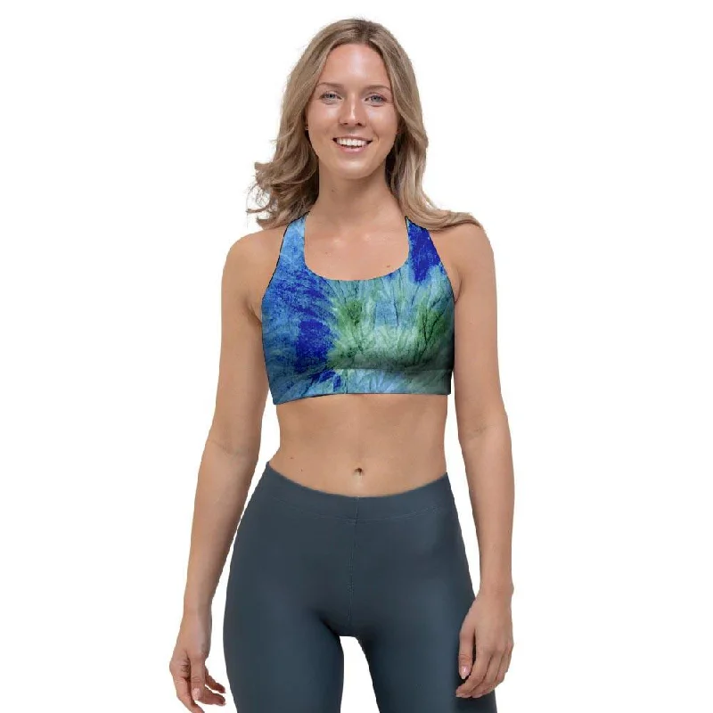 Green And Blue Tie Dye Sports Bra Soft Support Bra