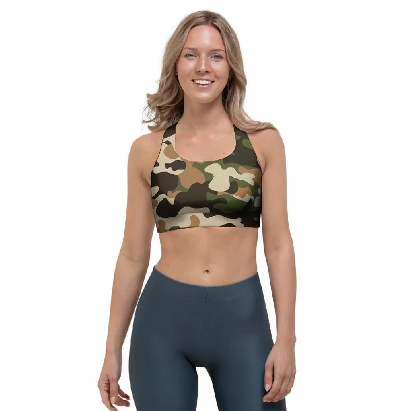 Green And Brown Camouflage Print Sports Bra Full Coverage Bra