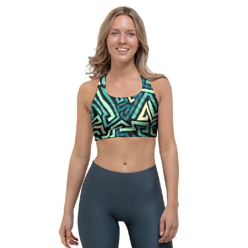 Green Geometric Abstract Sports Bra Padded Push-Up Bra