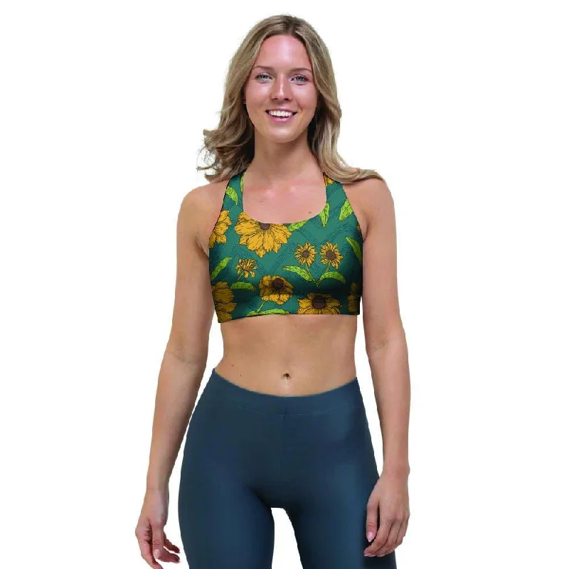 Green Zigzag Sunflower Sports Bra Full Coverage Bralette