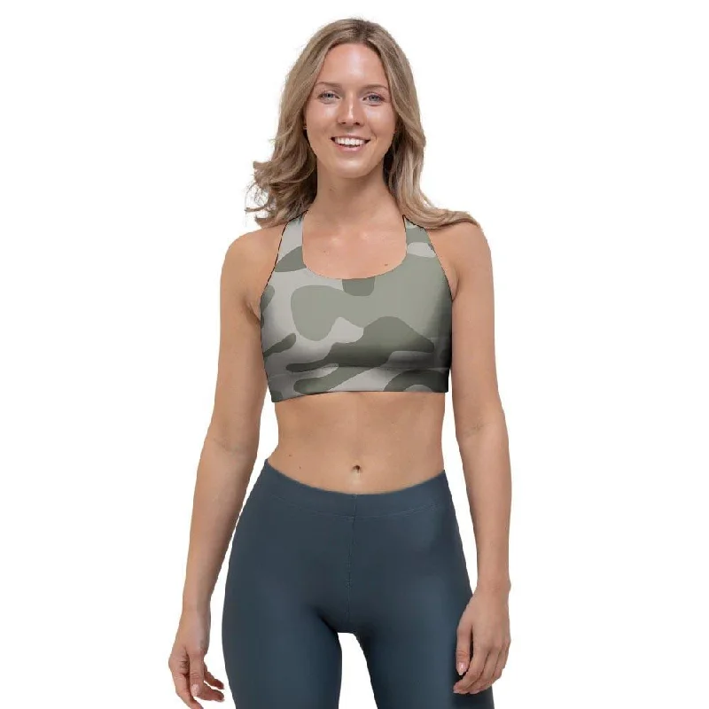 Grey And Green Camouflage Print Sports Bra Stylish Strapless Bra
