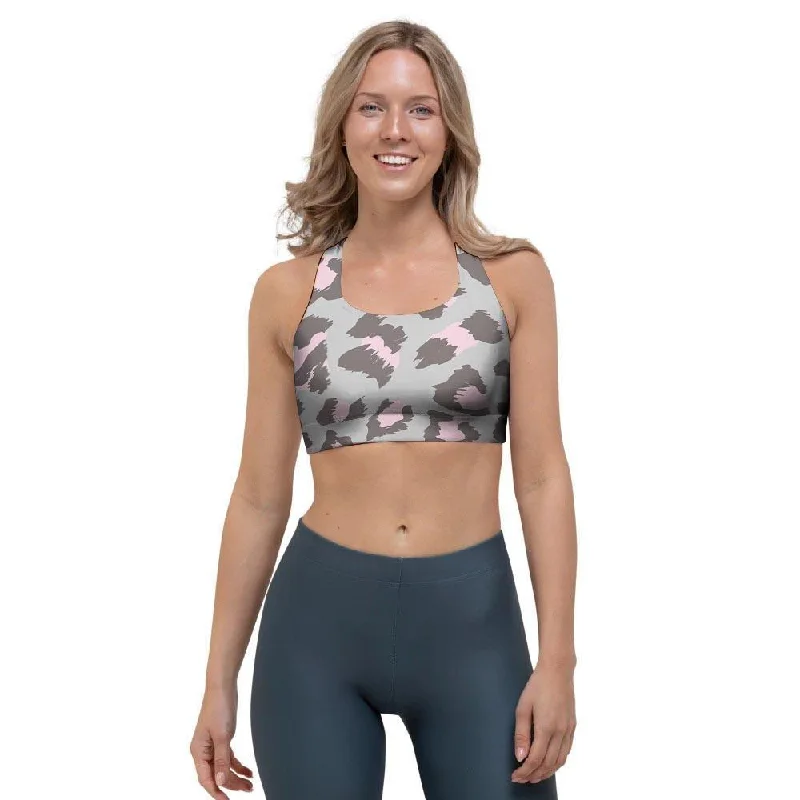 Grey and Pink Leopard Sports Bra Contour Bra Style