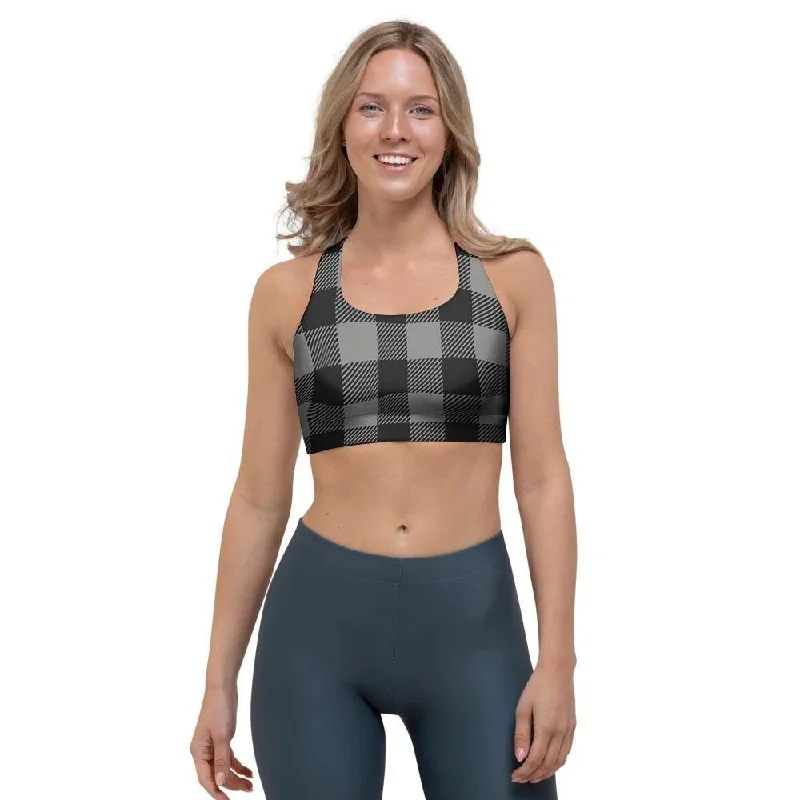 Grey Plaid Sports Bra Lightly Padded Bra