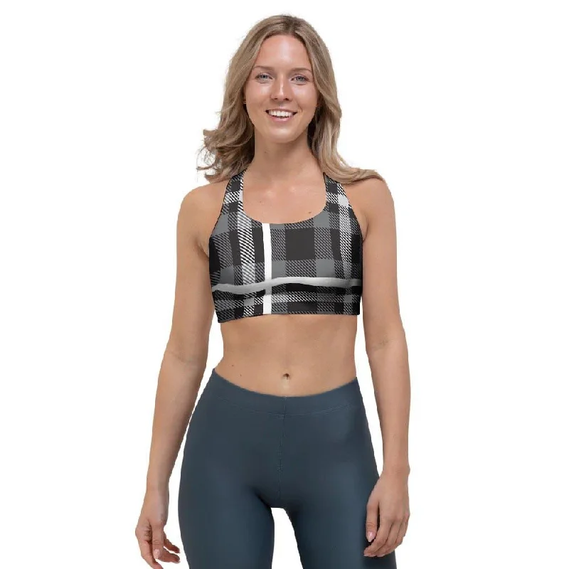 Grey Plaid Tartan Sports Bra Comfort Fit Bralette