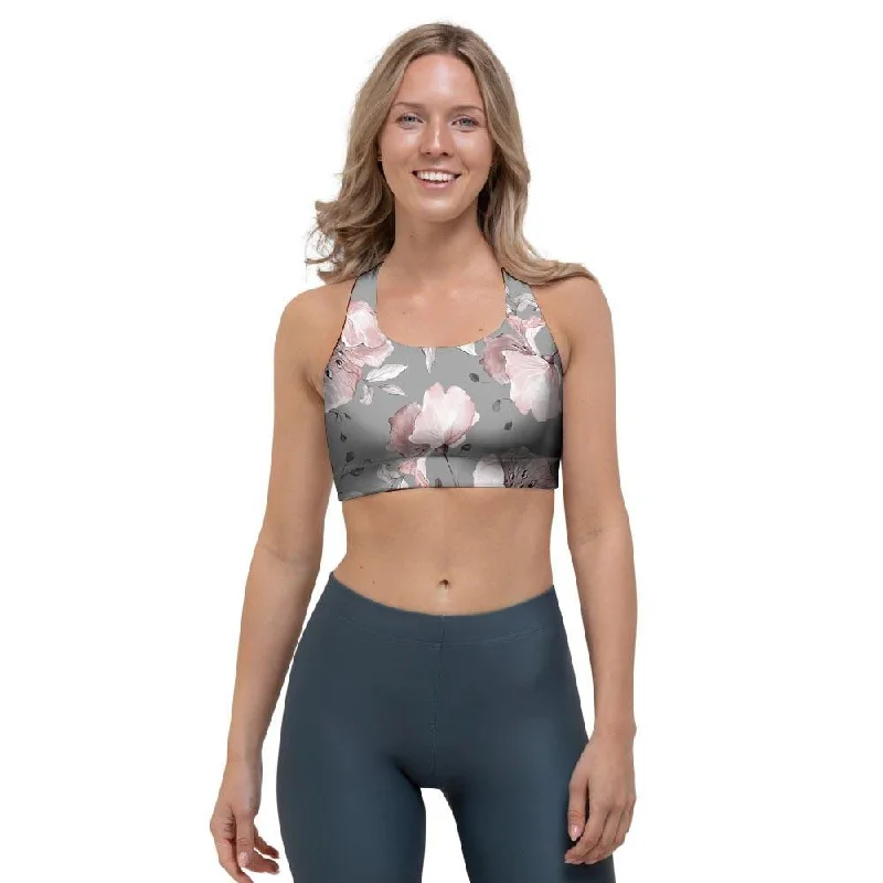 Grey Vintage Floral Print Sports Bra Stylish Lace Bralette