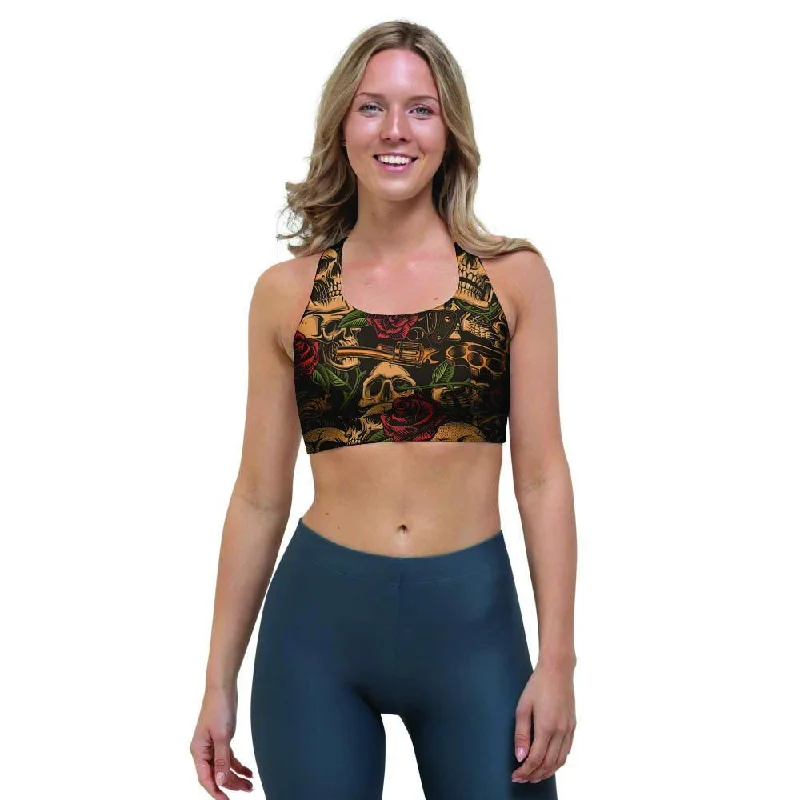 Gun Rose Skull Sports Bra Breathable Sports Bra