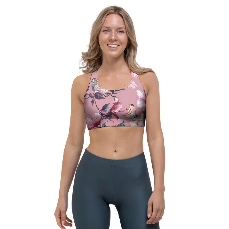Hand Drawn Hibiscus Print Sports Bra Strapless Support Bra