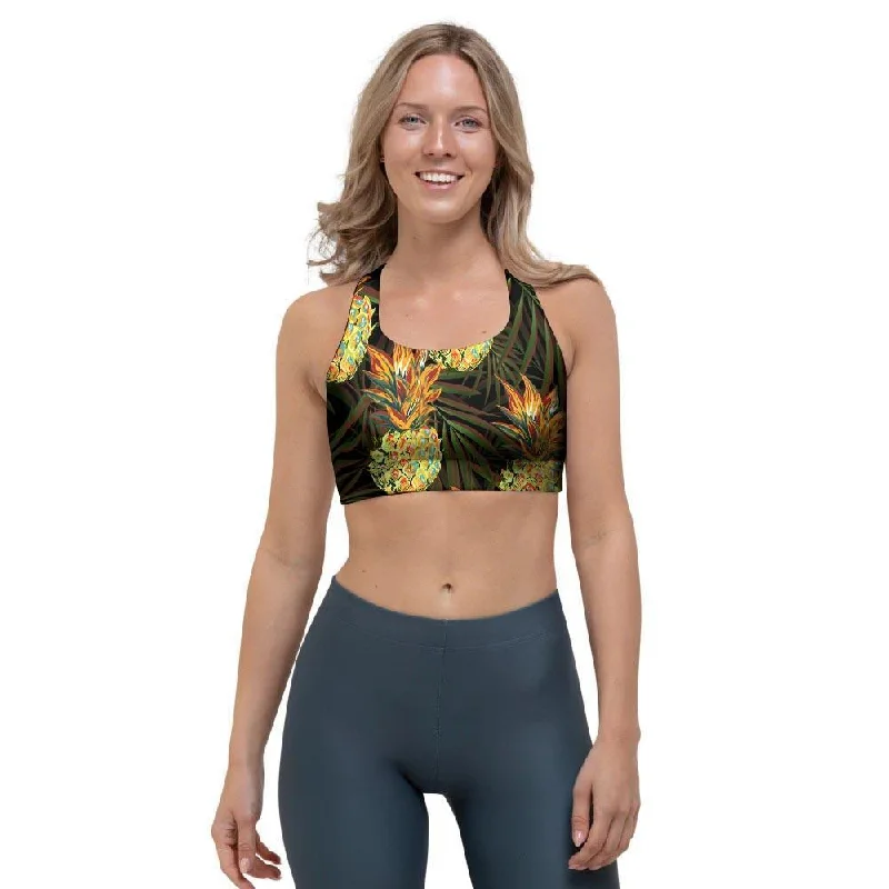 Hawaiian Golden Pineapple Edm Print Sports Bra Soft Stretch Bra