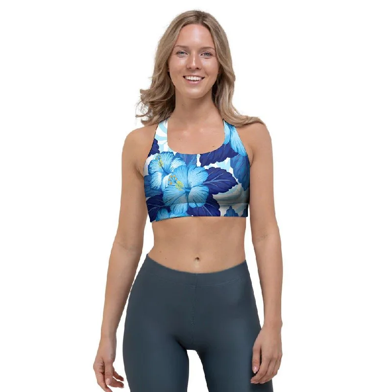 Hibiscus Blue Hawaiian Print Sports Bra Sleek Push-Up Bra