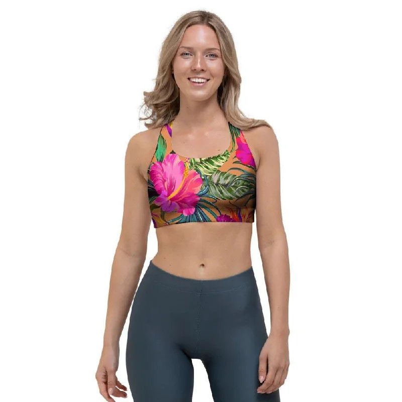 Hibiscus Flower Hawaiian Yellow Print Sports Bra Stretchy Full Coverage