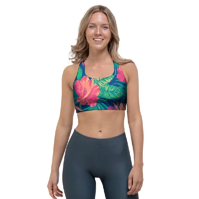 Hibiscus Hawaiian Flower Print Sports Bra Adjustable Back Bra