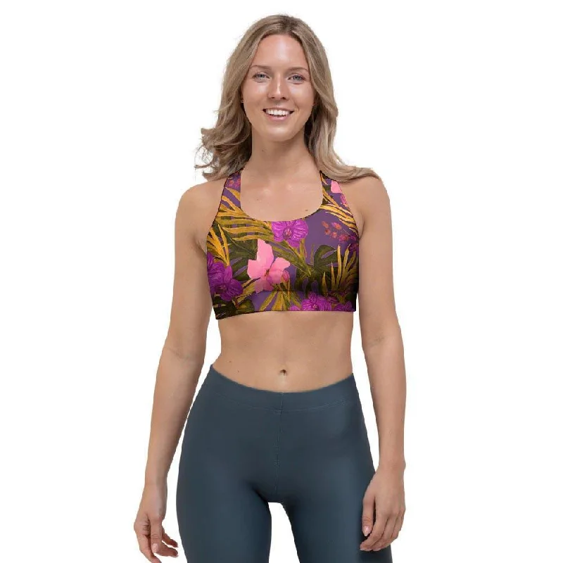 Hibiscus Watercolor Flower Hawaiian Print Sports Bra Sleek Sports Bra