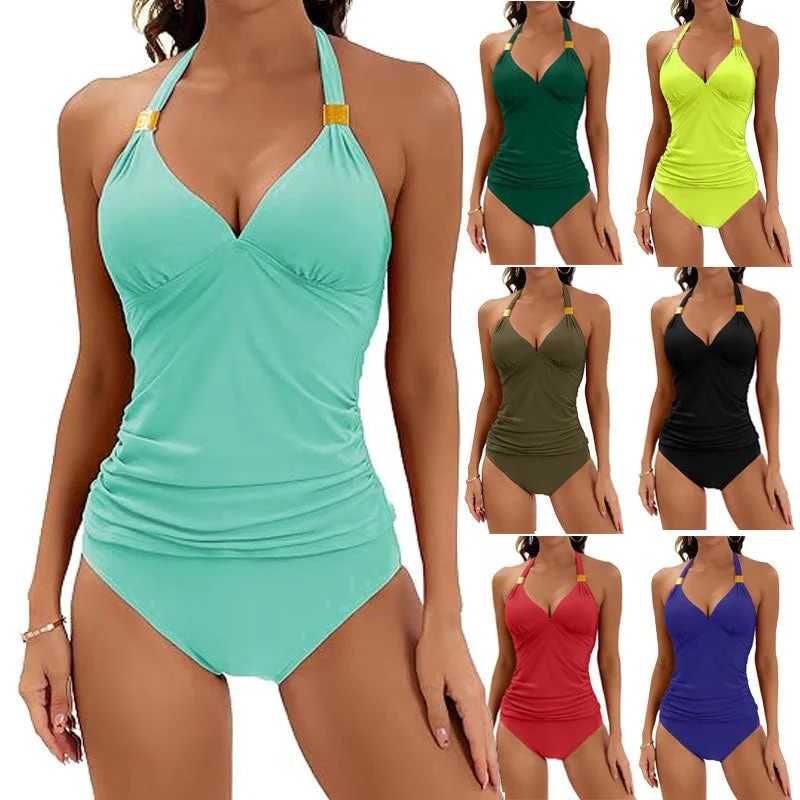 2pcs Solid Color Halter Neck Bikini Beach Fashion Sexy V Neck Swimsuit Summer Womens Clothing Sporty Racerback Swimsuit 2pcs Solid Color Halter Neck Bikini Beach Fashion Sexy V Neck Swimsuit Summer Womens Clothing Sporty Racerback Swimsuit