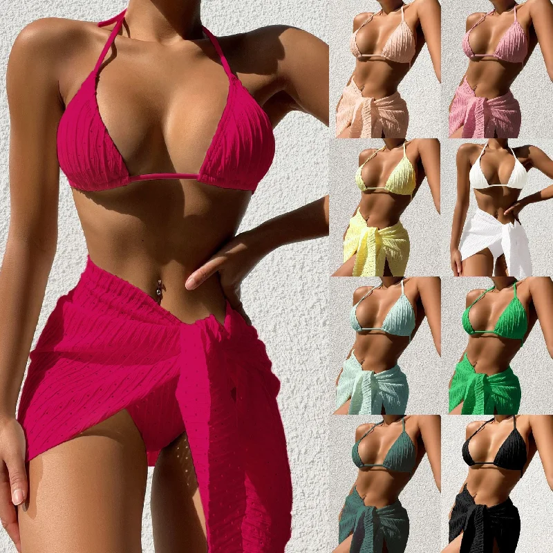 3pcs Halterneck Swimsuit Set Beach Solid Color Sexy Backless Bikini With Mesh Skirt Summer Womens Clothing Halter Top Bikini 3pcs Halterneck Swimsuit Set Beach Solid Color Sexy Backless Bikini With Mesh Skirt Summer Womens Clothing Halter Top Bikini