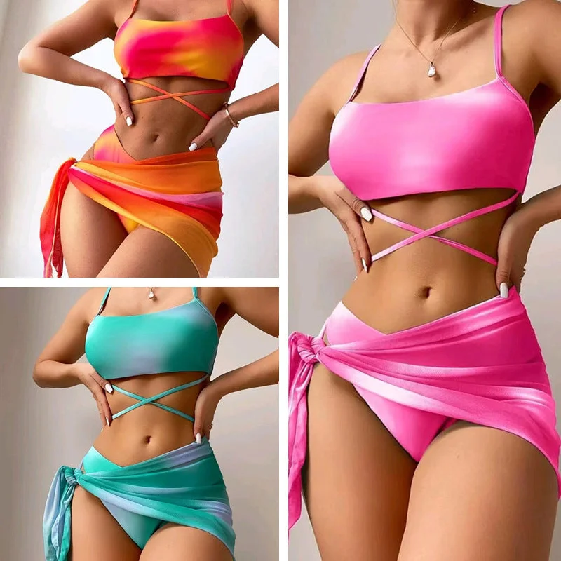 3pcs Tie Dye Print Bikini With Short Skirt Summer Beach Sexy Swimwear Womens Clothing Elegant Ruffle Swimsuit 3pcs Tie Dye Print Bikini With Short Skirt Summer Beach Sexy Swimwear Womens Clothing Elegant Ruffle Swimsuit