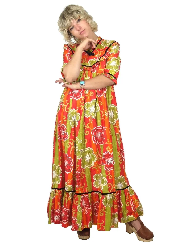 60s Mod Psychedelic Tropical Hawaiian Ruffled Half Sleeve Maxi Dress with Pockets Comfortable Pleated Maxi Dress