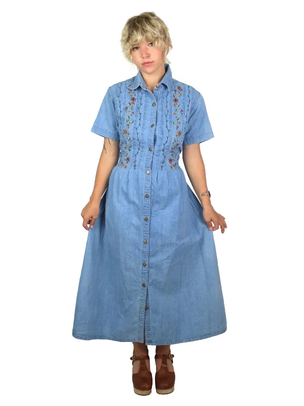 80s Prairie Bohemian Collared Short Sleeve Button Down Light Wash Denim Maxi Dress Classic A-Line Maxi Dress 80s Prairie Bohemian Collared Short Sleeve Button Down Light Wash Denim Maxi Dress Classic A-Line Maxi Dress