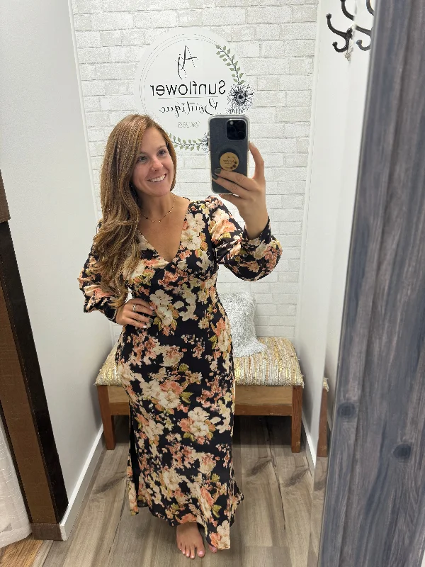 Autumn Blooms Maxi Dress Comfortable Plunging Neckline Maxi Dress