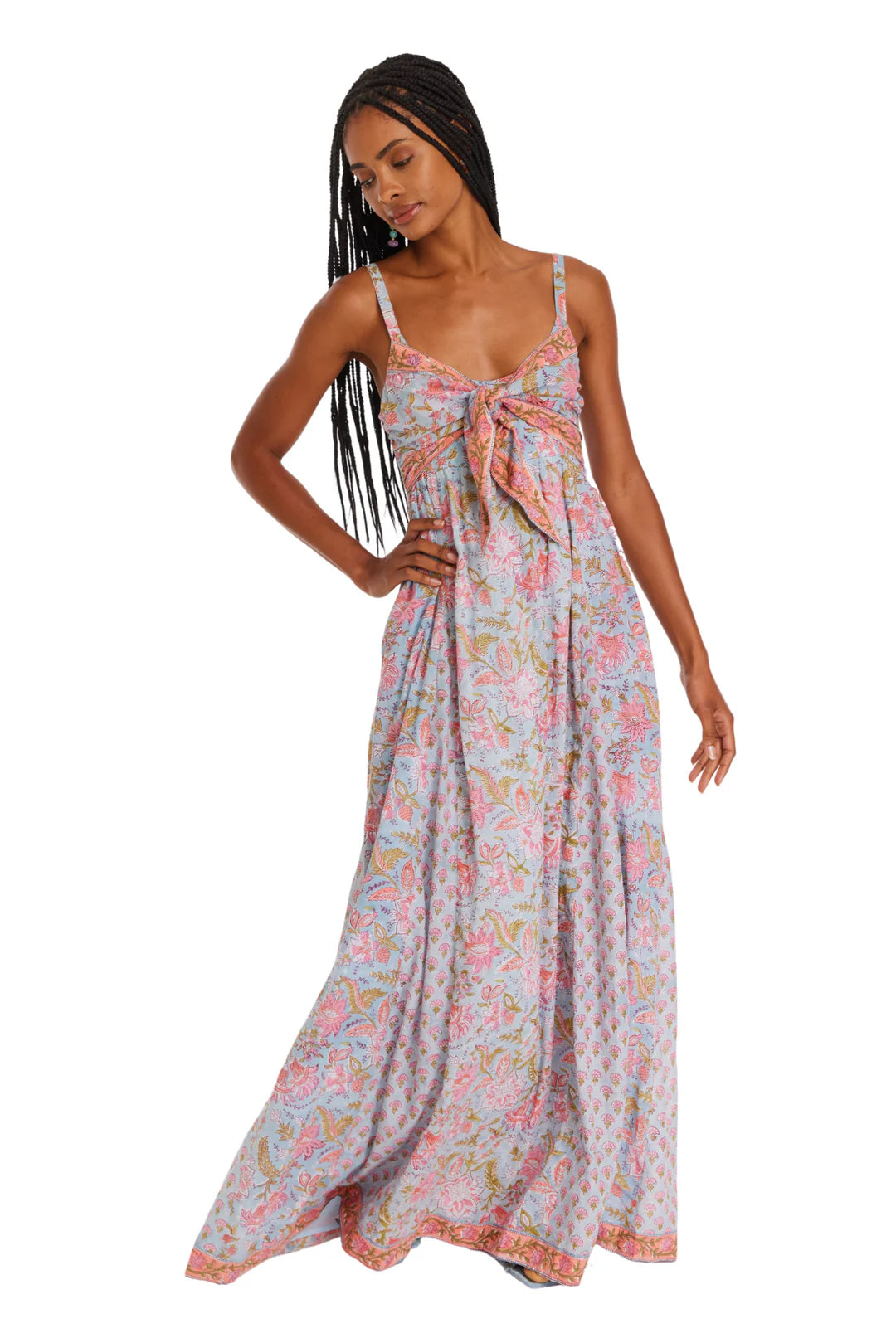 Allison Martina Maxi Dress - Blue/Coral Floral Comfortable Cotton Maxi Dress