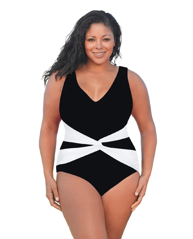 Always For Me Black Plus Size V-Neck Twist Front One Piece Swimsuit High-Cut One-Piece Always For Me Black Plus Size V-Neck Twist Front One Piece Swimsuit High-Cut One-Piece