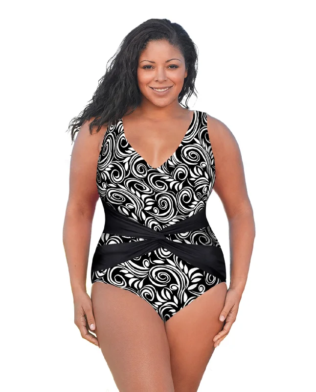 Always For Me White Scroll Plus Size V-Neck Twist Front One Piece Swimsuit Beach Ready Swimsuit Always For Me White Scroll Plus Size V-Neck Twist Front One Piece Swimsuit Beach Ready Swimsuit