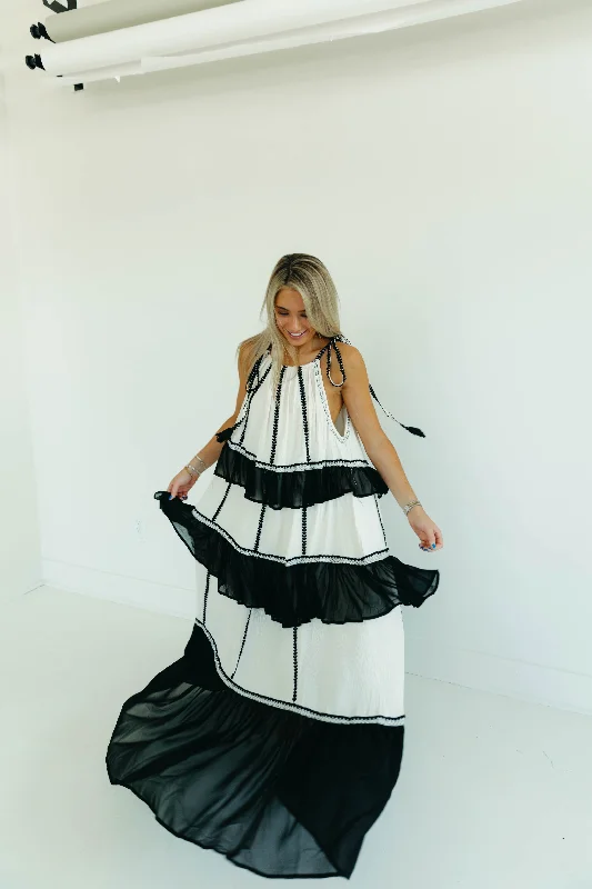 April Maxi Dress - Ivory/Black Cozy Cold-Shoulder Maxi Dress