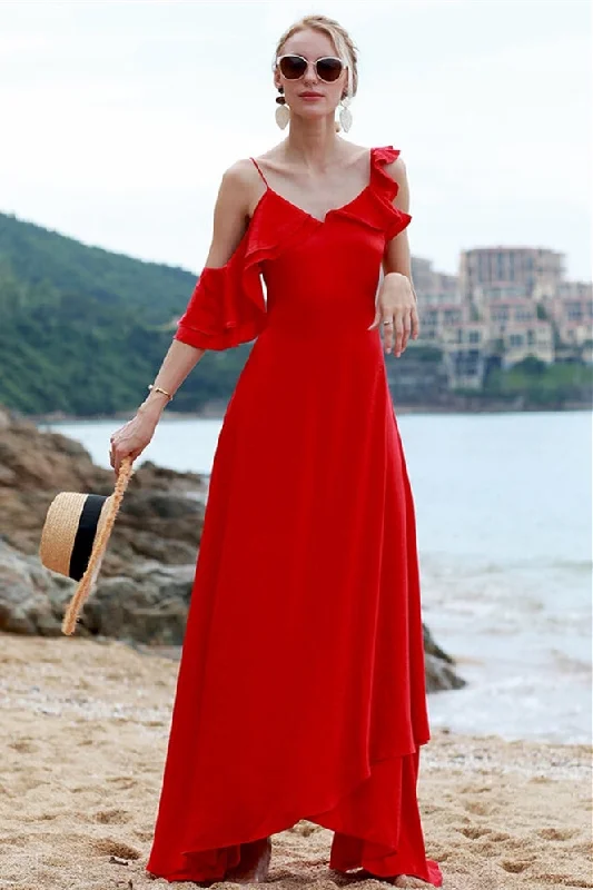 Asymmetric Red Chiffon Maxi Dress Trendy Floral Print Maxi Dress