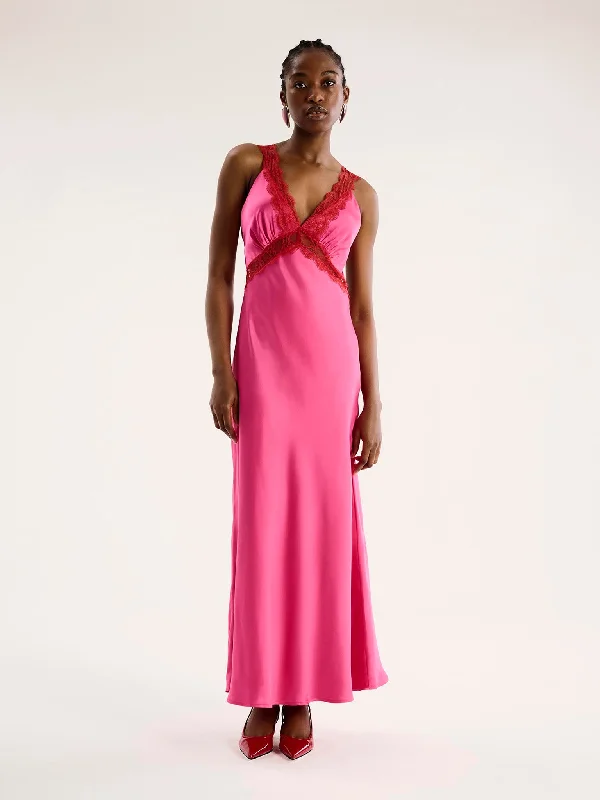 Aurelia Lace Trim Maxi Dress in Cerise Trendy Fit-and-Flare Maxi Dress