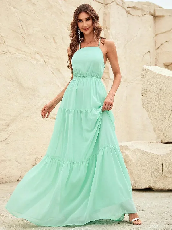 Back Lace Up Chiffon Tiered Maxi Dress Chic Summer Floral Maxi Dress
