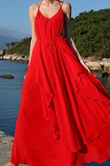 Backless Red Chiffon Maxi Dress Classic V-Neck Maxi Dress