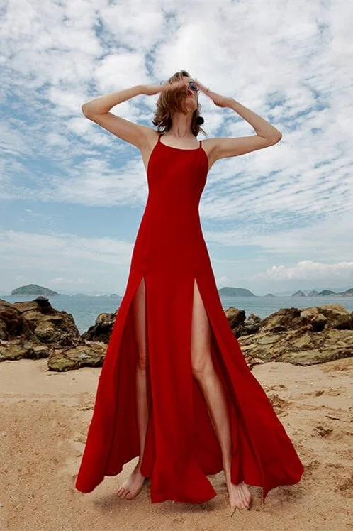 Backless Red Chiffon Slit Maxi Dress Trendy A-Line Maxi Dress