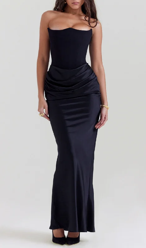 BALCK STRAPLESS CORSET MAXI DRESS Elegant Pleated Maxi Dress