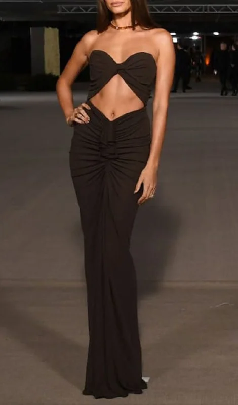 BANDEAU DRAPE MAXI DRESS IN BLACK Elegant Maxi Dress with Drapes