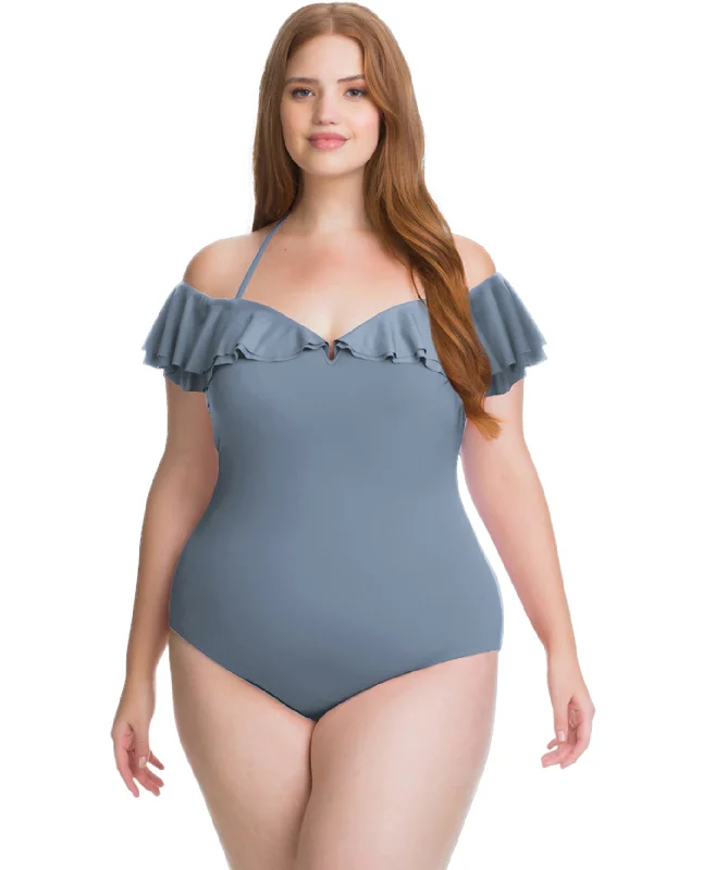 Becca ETC by Rebecca Virtue Color Splash Flounce Off the Shoulder Ruffle Plus Size One Piece Swimsuit Two-Piece Beachwear Becca ETC by Rebecca Virtue Color Splash Flounce Off the Shoulder Ruffle Plus Size One Piece Swimsuit Two-Piece Beachwear