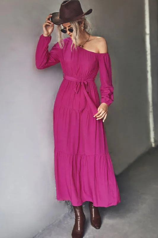 Belted One-Shoulder Tiered Maxi Dress Cozy Longline Maxi Dress