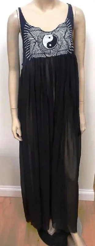 BITCHING & JUNKFOOD ladies black ying yang maxi dress M/ L UK 12 GOTH PUNK ROCK Elegant Maxi Dress with Ruffles BITCHING & JUNKFOOD ladies black ying yang maxi dress M/ L UK 12 GOTH PUNK ROCK Elegant Maxi Dress with Ruffles