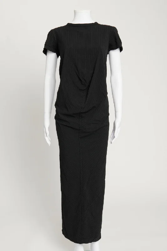 Black Fine Line Pattern Maxi Dress Trendy Off-Shoulder Ruffle Maxi Dress