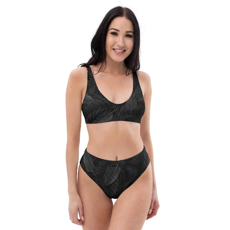 Black Palms High-waisted Bikini Swimsuit Lace Back Bikini