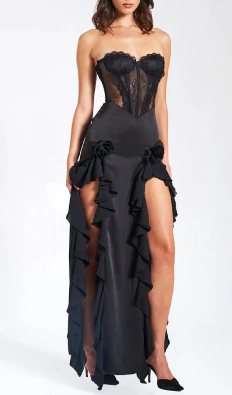 BLACK SATIN LACE CORSET MAXI DRESS Trendy Maxi Dress with Straps