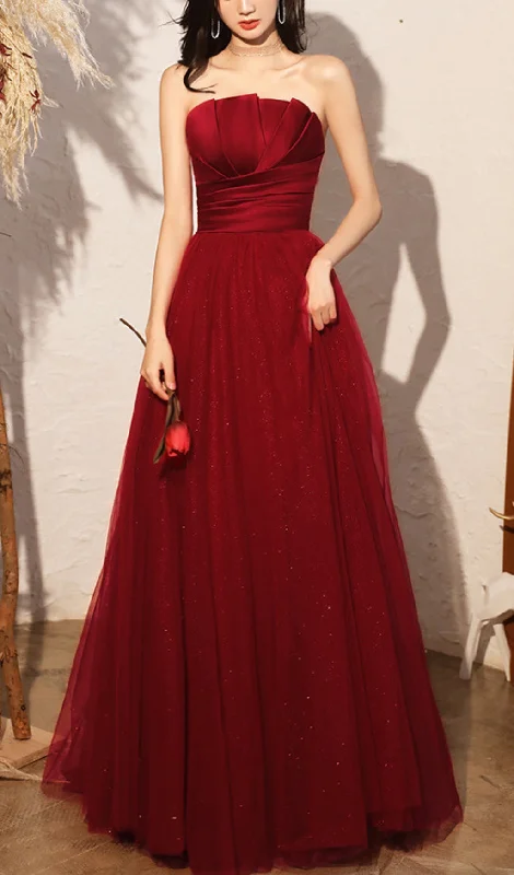BURGUNDY SATIN STRAPLESS MAXI DRESS Chic Boho Print Maxi Dress
