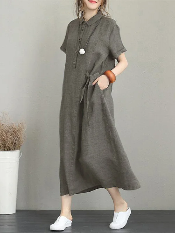 Casual Button Down Casual Loose Short Sleeve Pockets Women Maxi Dress Elegant Maxi Dress with Pockets