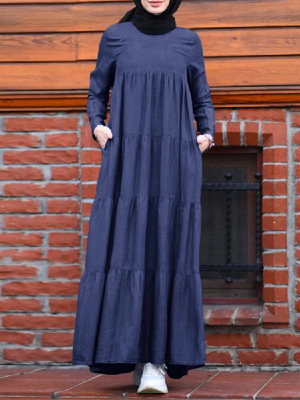 Casual Layered Pleats Denim Loose Muslim Pockets Women Maxi Dress Elegant Maxi Dress with Drapes Casual Layered Pleats Denim Loose Muslim Pockets Women Maxi Dress Elegant Maxi Dress with Drapes
