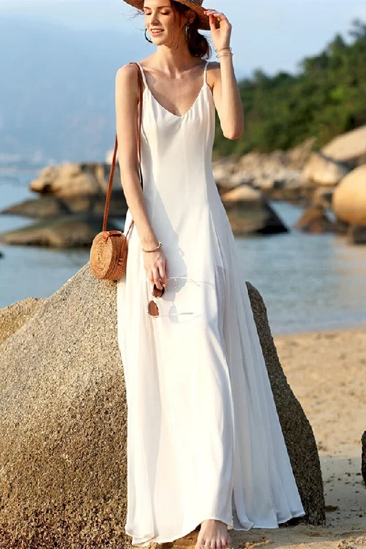 Casual White Chiffon Long Maxi Dress Fashionable High-Low Maxi Dress