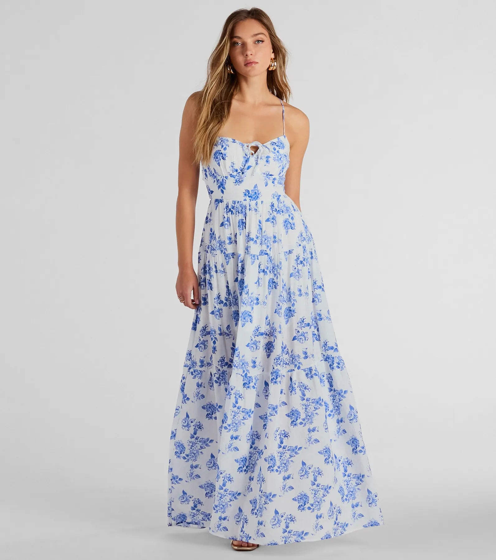 Charming Vibe Tie-Back Flowy Floral Woven Maxi Dress Fashionable High-Low Maxi Dress