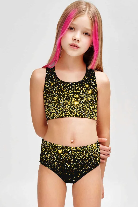 Chichi Claire Black Gold Two-Piece Swimsuit Sporty Swim Set - Girls Lace-Detail Bikini Set Chichi Claire Black Gold Two-Piece Swimsuit Sporty Swim Set - Girls Lace-Detail Bikini Set
