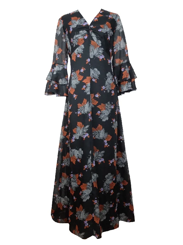 Vintage 70s Mod Hippie Bohemian Chic Autumn Floral Leaf Print Black & Orange Flare Butterfly Sleeve Floor Length Maxi Dress| Size Large Comfortable Long-Sleeve Maxi Dress Vintage 70s Mod Hippie Bohemian Chic Autumn Floral Leaf Print Black & Orange Flare Butterfly Sleeve Floor Length Maxi Dress| Size Large Comfortable Long-Sleeve Maxi Dress